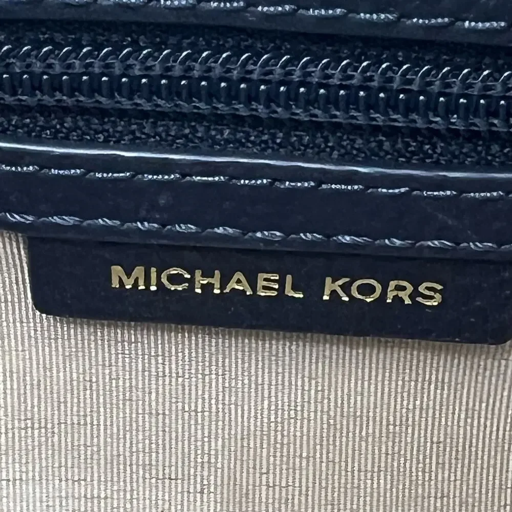Michael Kors Ginny Camera Crossbody Bag Woven Intrecciato Chevron Leather Navy